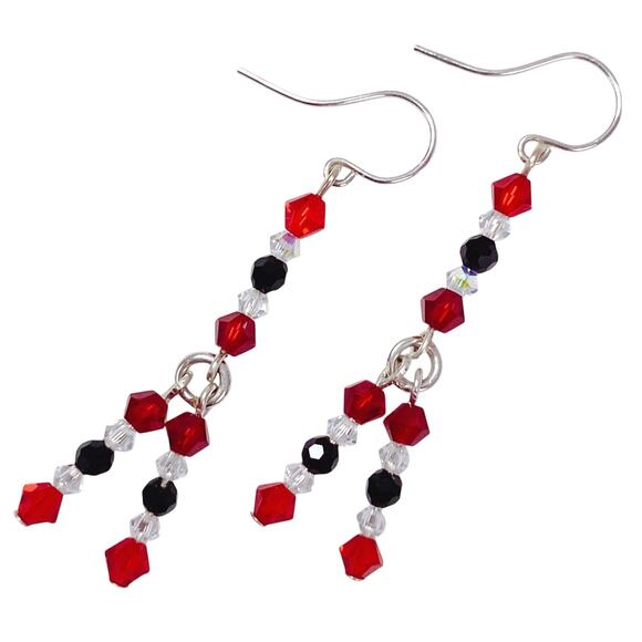 VTG Artisan Sterling Filled Swarovski Red Black Crystal Dangle Earrings Handmade - Picture 1 of 16